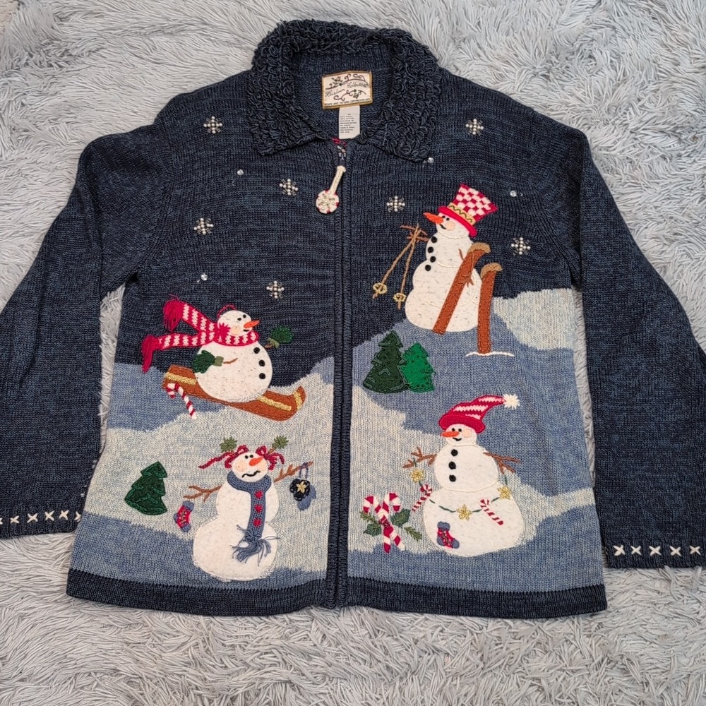 Vintage Heirloom Collectables Sweater Womens M Blue Cardigan Zip Up Holiday Snow